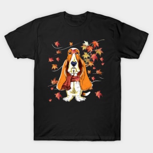 Maple Dog Leaf Fall Hello Autumn Funny Basset Hound Lover T-Shirt